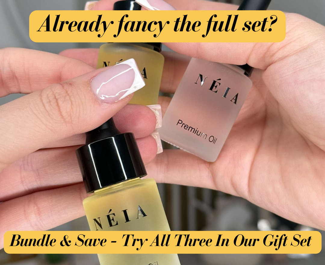 Three Néia premium oil bottles held by hands with promotional text overlay.