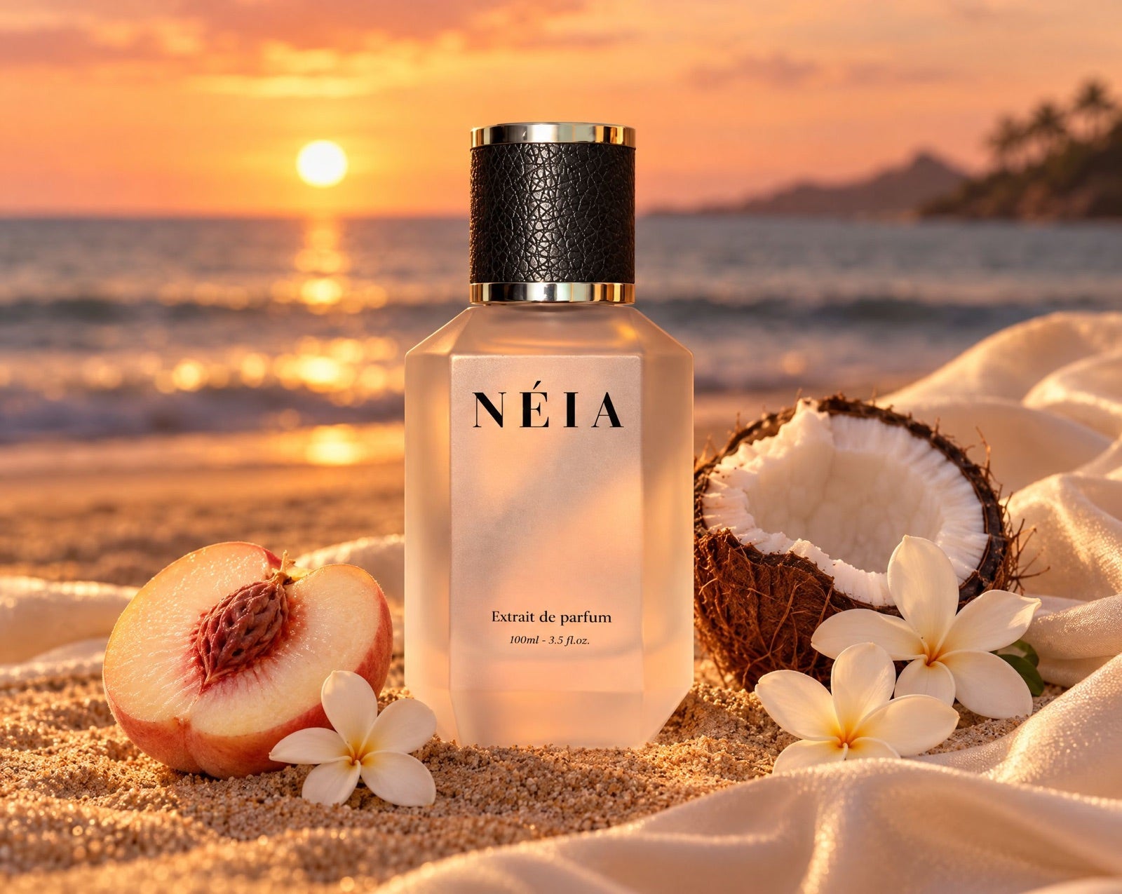 NÉIA Silk Musk 100ml Extrait de Parfum on the sand at sunset