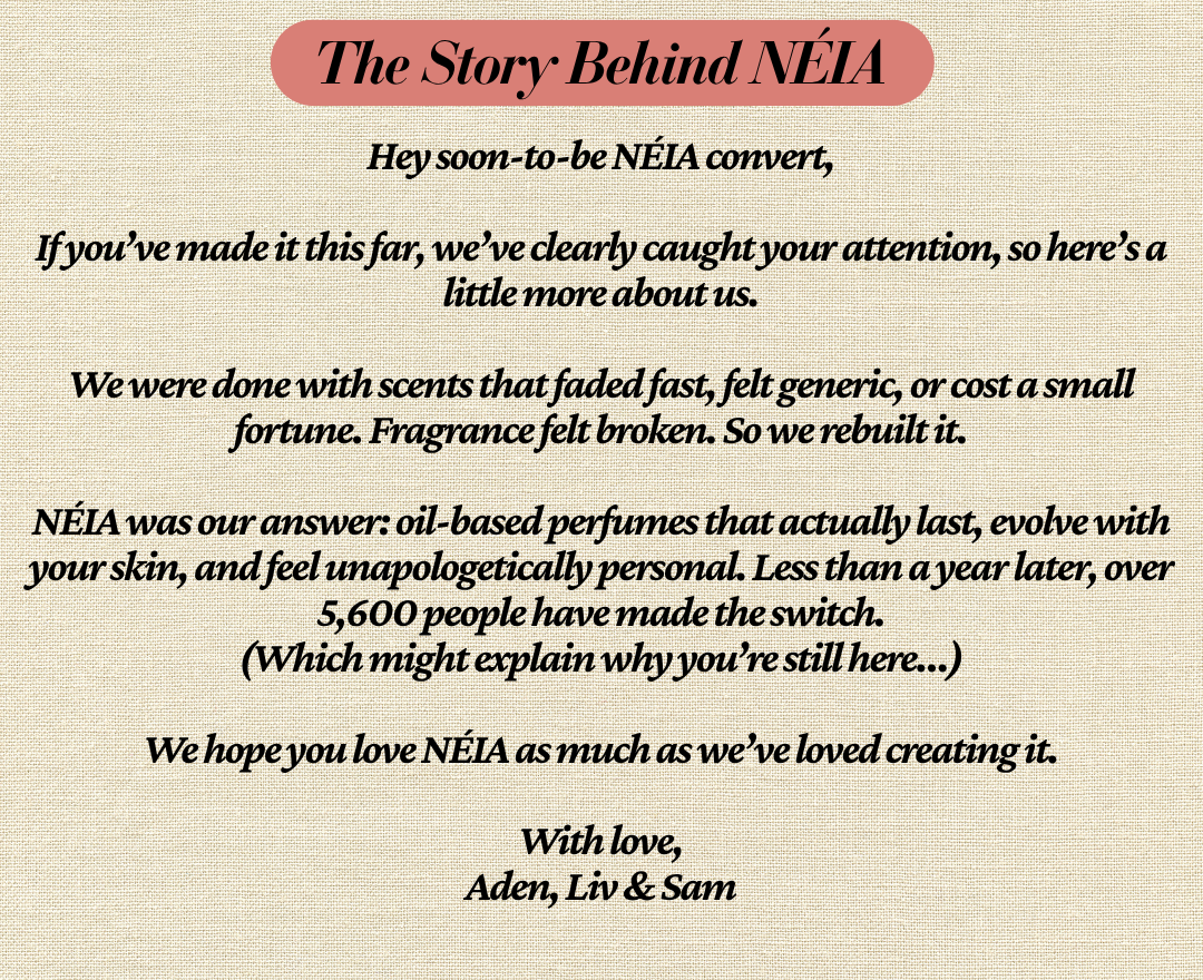 Candid image of NÉIA founders with a message about creating luxurious scents that last