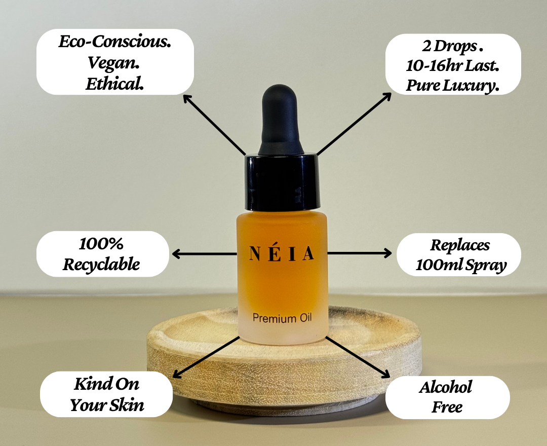 Néia premium oil bottle with features highlighted on a neutral background