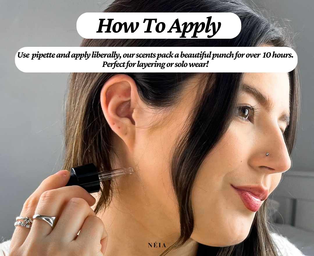 Woman applying a NÉIA product with text about application and product features.