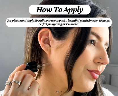 Woman applying a NÉIA product with text about application and product features.