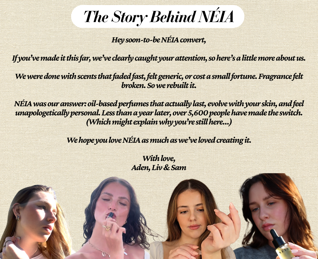 Text about Néia and a group of women with Néia products.