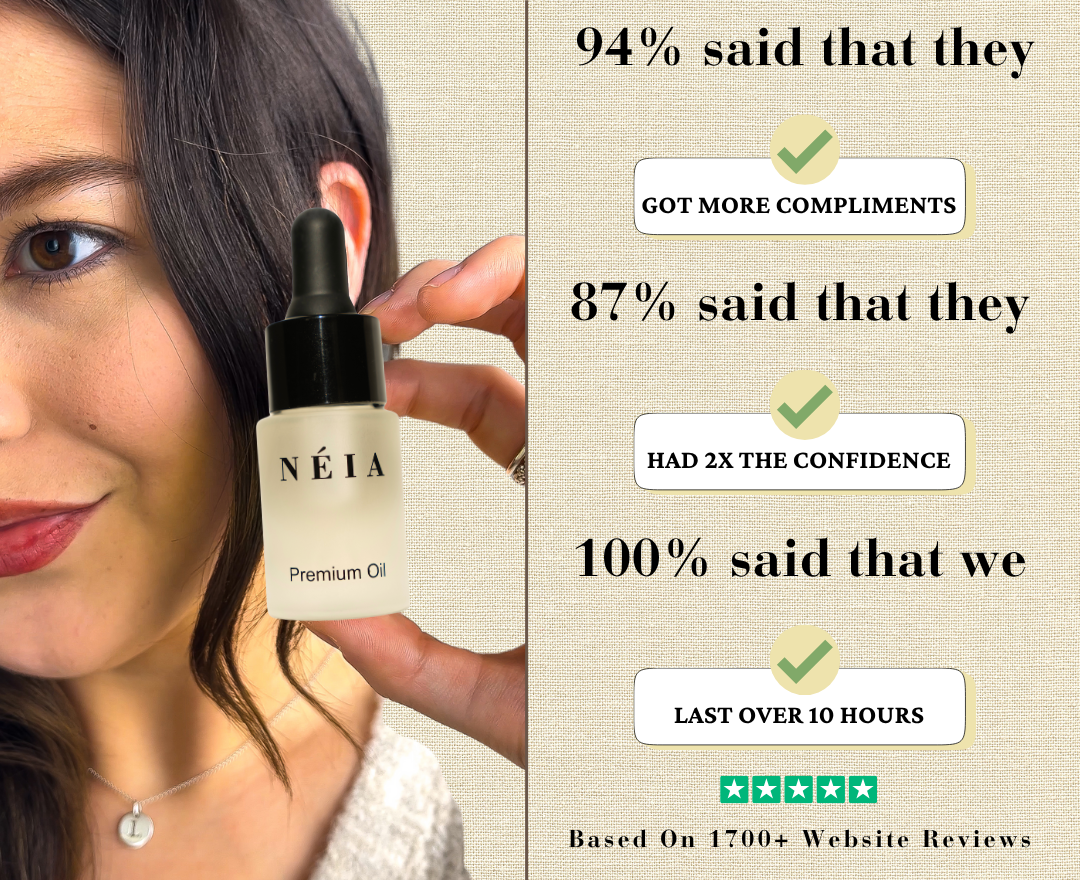 Woman holding a bottle of Néia Premium Oil with text on product effectiveness.