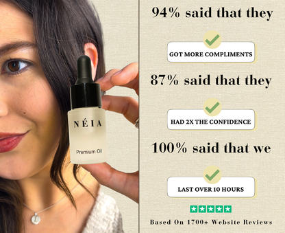 Woman holding a bottle of Néia Premium Oil with text on product effectiveness.