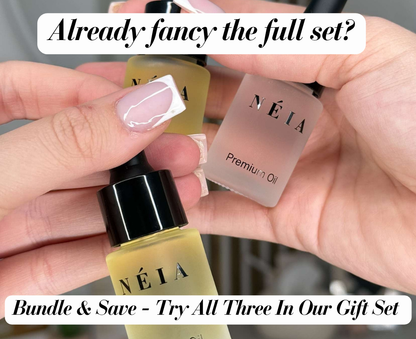Three NÉIA products held by hands with promotional text overlay.