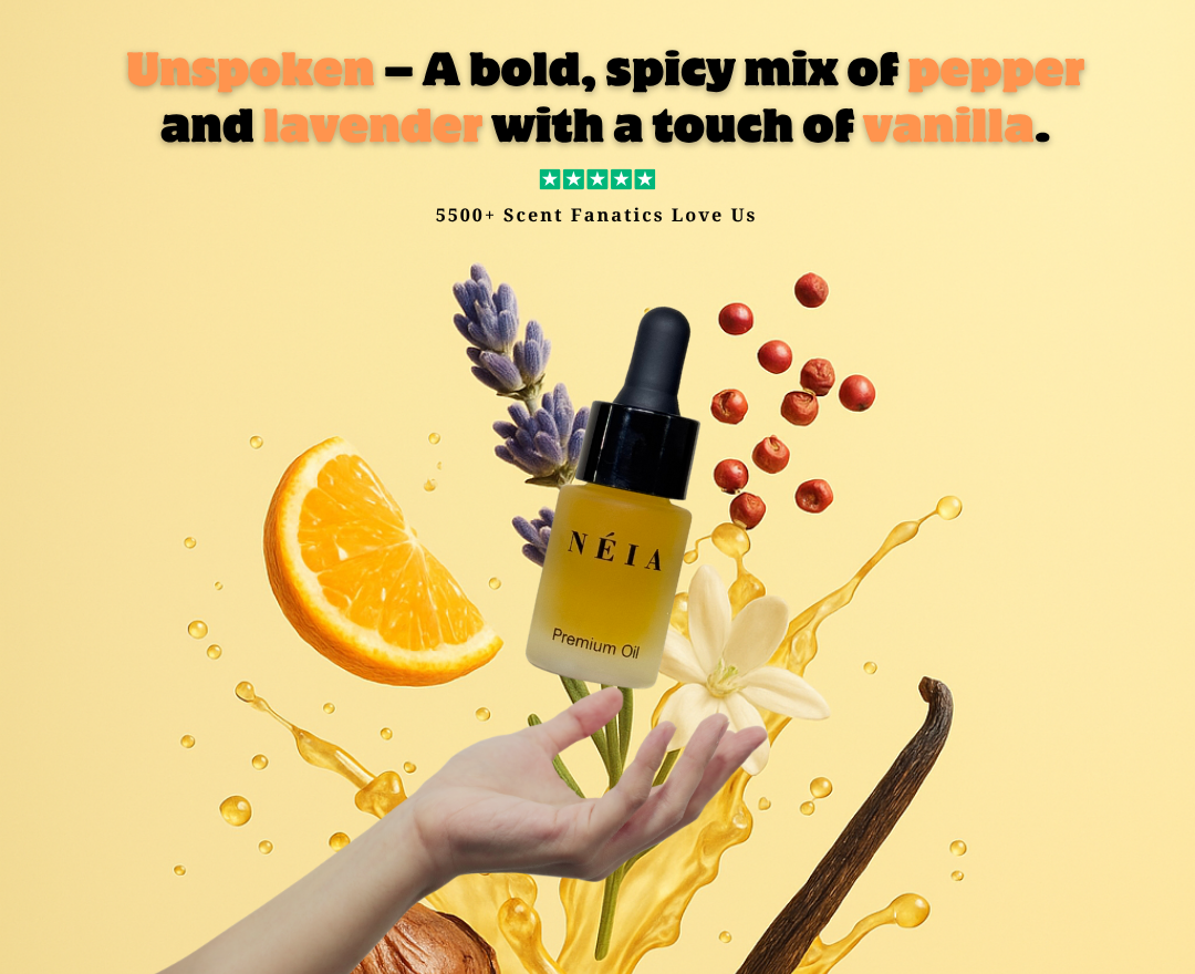 Néia premium oil with vanilla, orange, and lavender on a yellow background