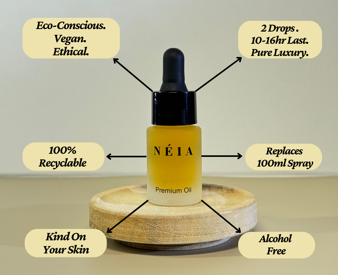 Néia premium oil bottle on a wooden stand with feature labels.