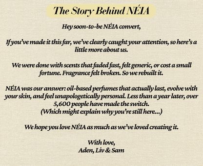 Candid image of NÉIA founders with a message about creating luxurious scents that last