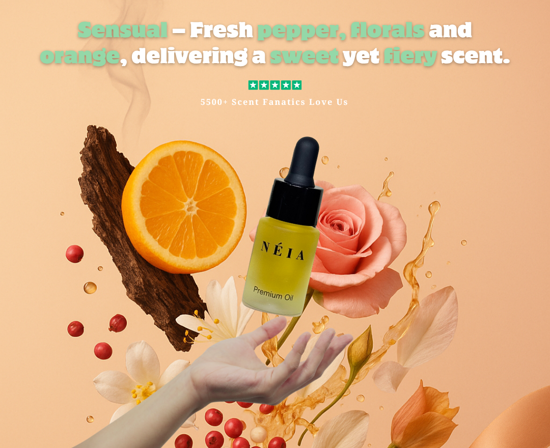 Néia premium oil dropper bottle with floral and fruit elements on a peach background
