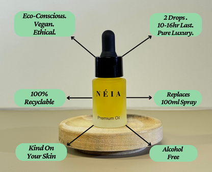 Néia premium oil dropper bottle with features highlighted on a wooden stand.