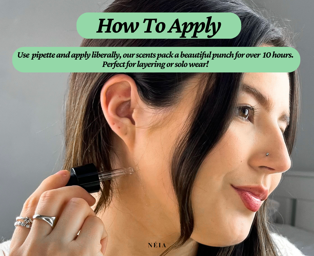 Woman applying a NEIA product with text on how to apply it