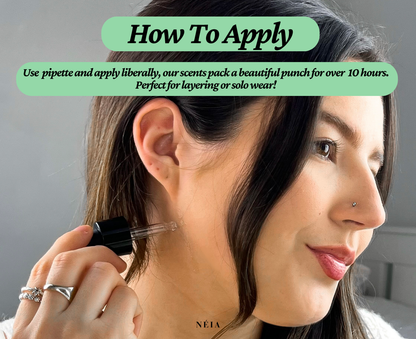 Woman applying a NEIA product with text on how to apply it