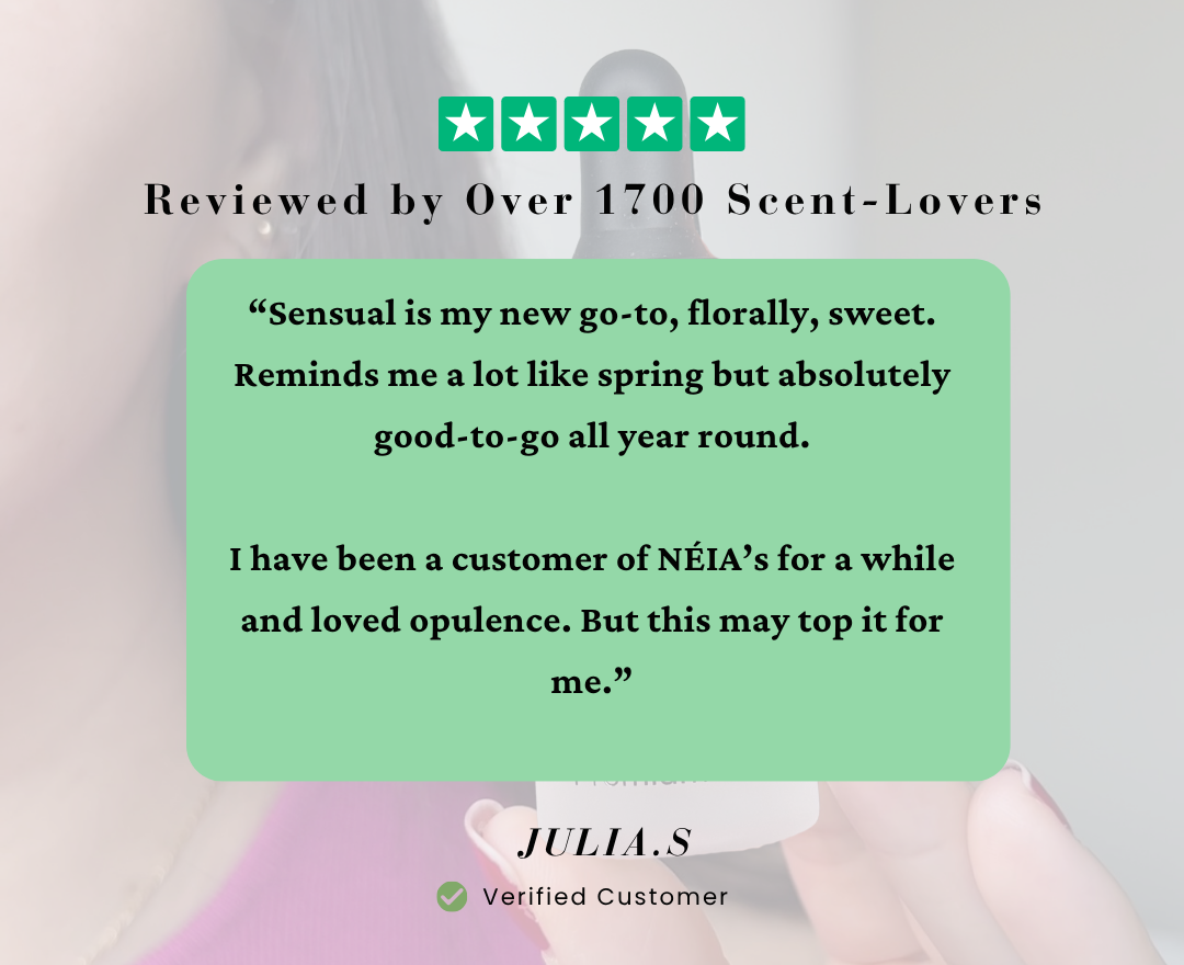 Product review card with customer rating and text on a blurred product background