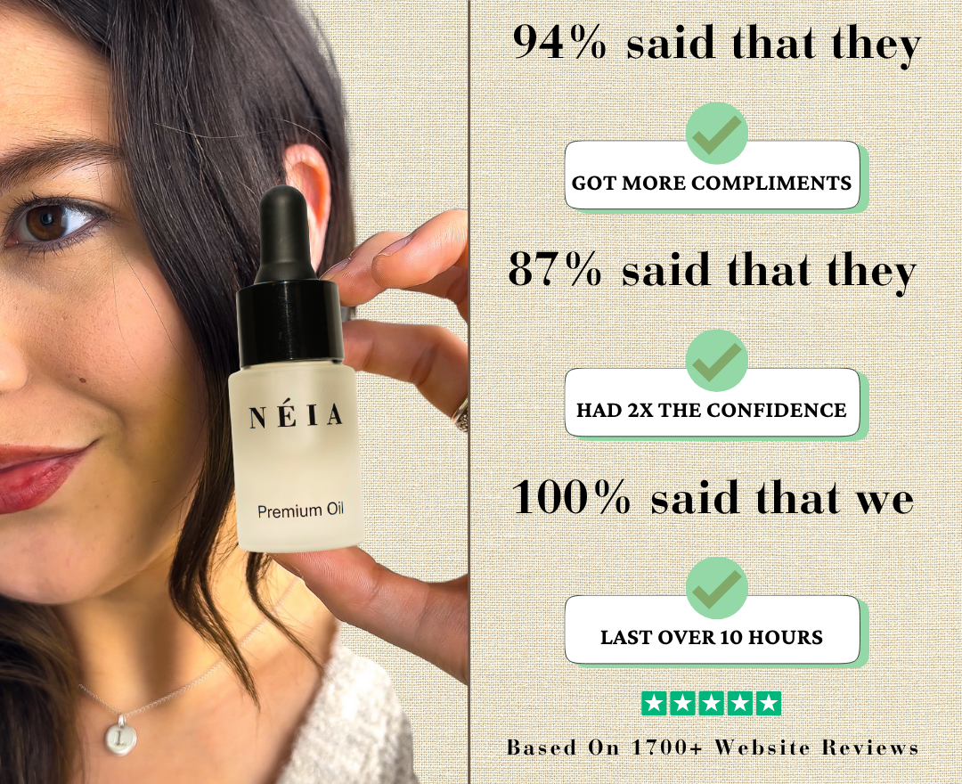 Woman holding a bottle of Néia Premium Oil with product usage statistics on a beige background