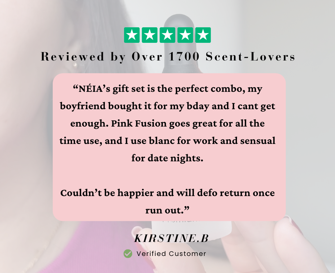  Positive customer review displayed beside NÉIA bottle, sharing real experience and product feedback

