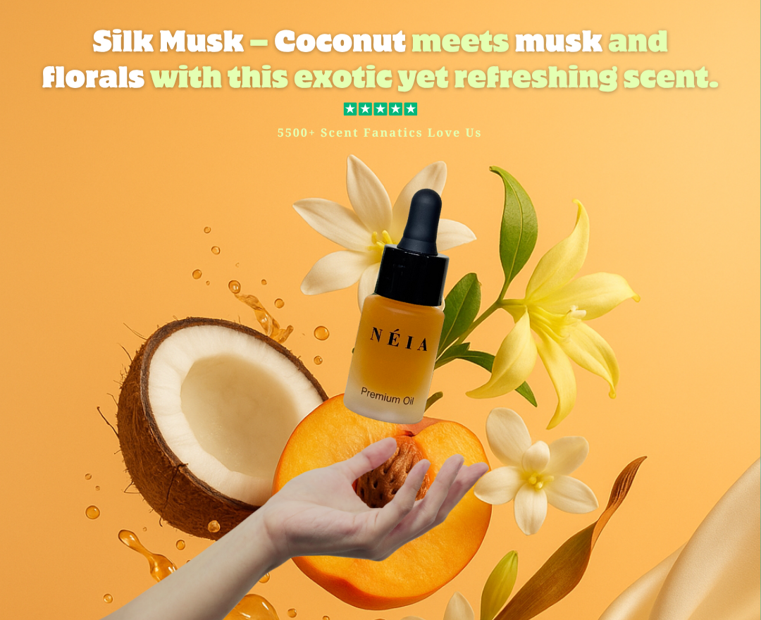NÉIA premium oil bottle with coconut, flowers, and hand on an orange background