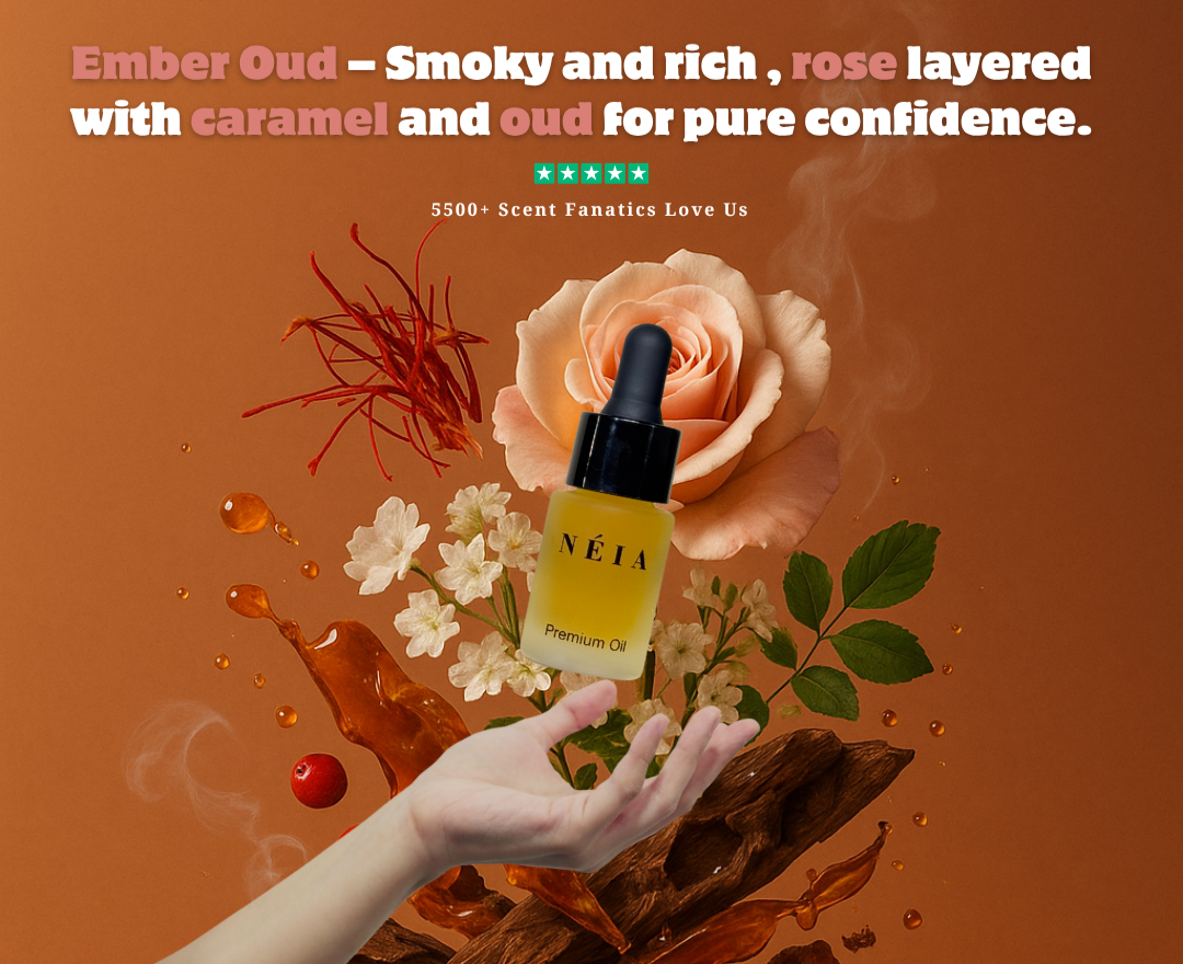 NÉIA premium oil bottle with rose, saffron, and flowers on a warm brown background