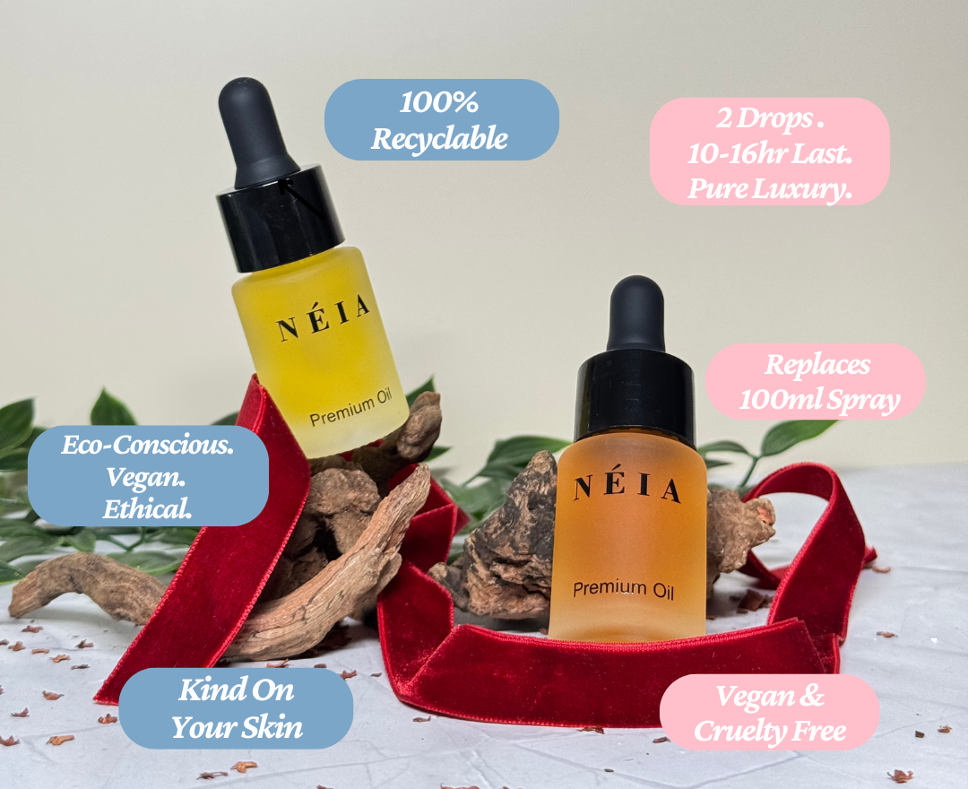 Two Néia premium oil bottles with product features highlighted on a natural background.