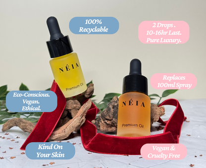 Two Néia premium oil bottles with product features highlighted on a natural background.