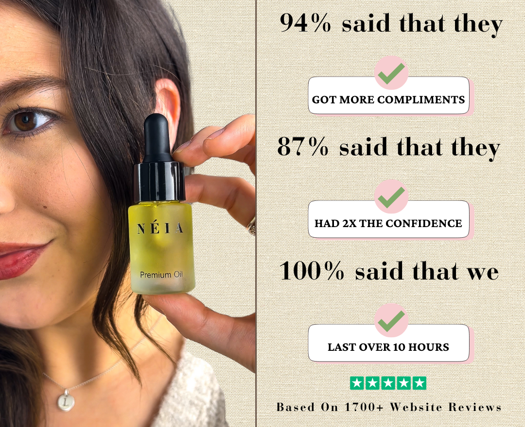 Woman holding a bottle of NÉIA Premium Oil with text on product effectiveness.