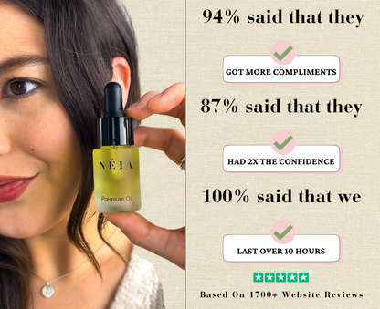 Woman holding a bottle of NÉIA Premium Oil with text on product effectiveness.