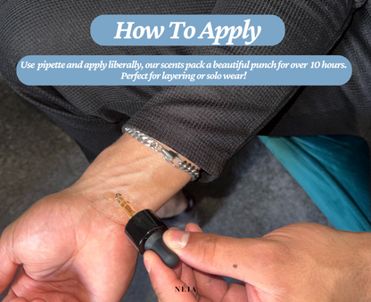 Person applying perfume with a pump to their wrist, wearing a bracelet.