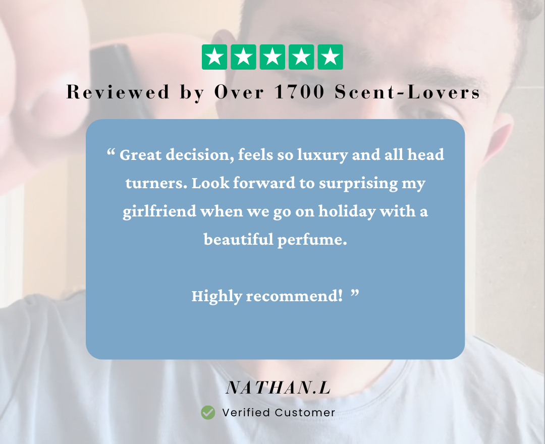 Product review card with customer feedback and product name on a blurred background