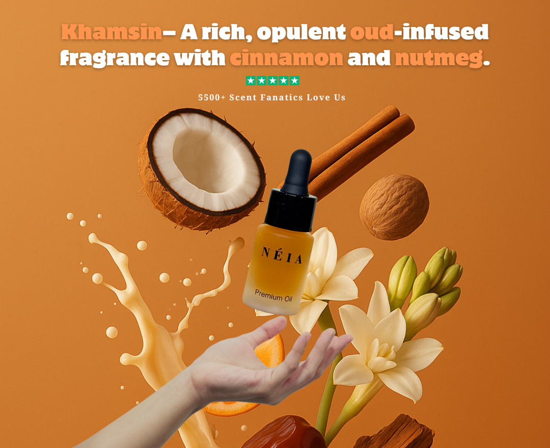 Néia premium oil bottle with coconut, cinnamon stick, nutmeg, and flowers on an orange background