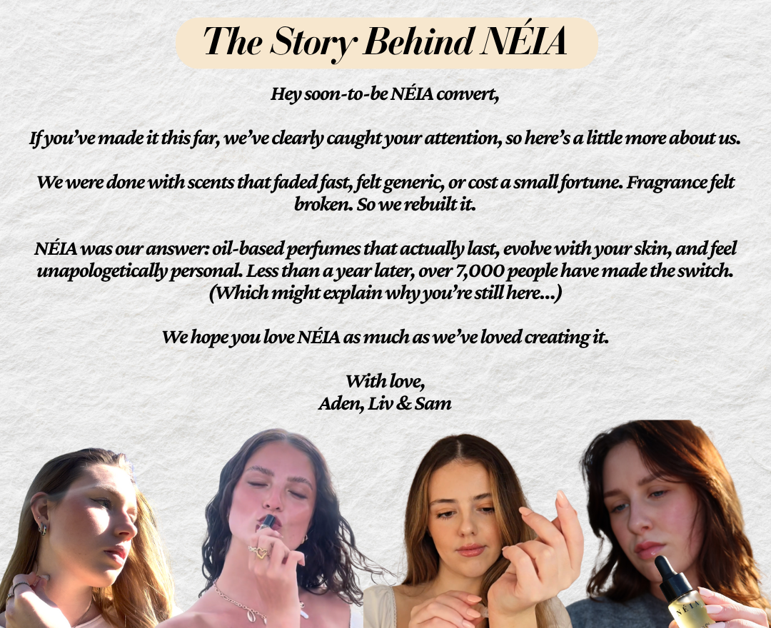 Text about NÉIA with four women holding bottles against a light background