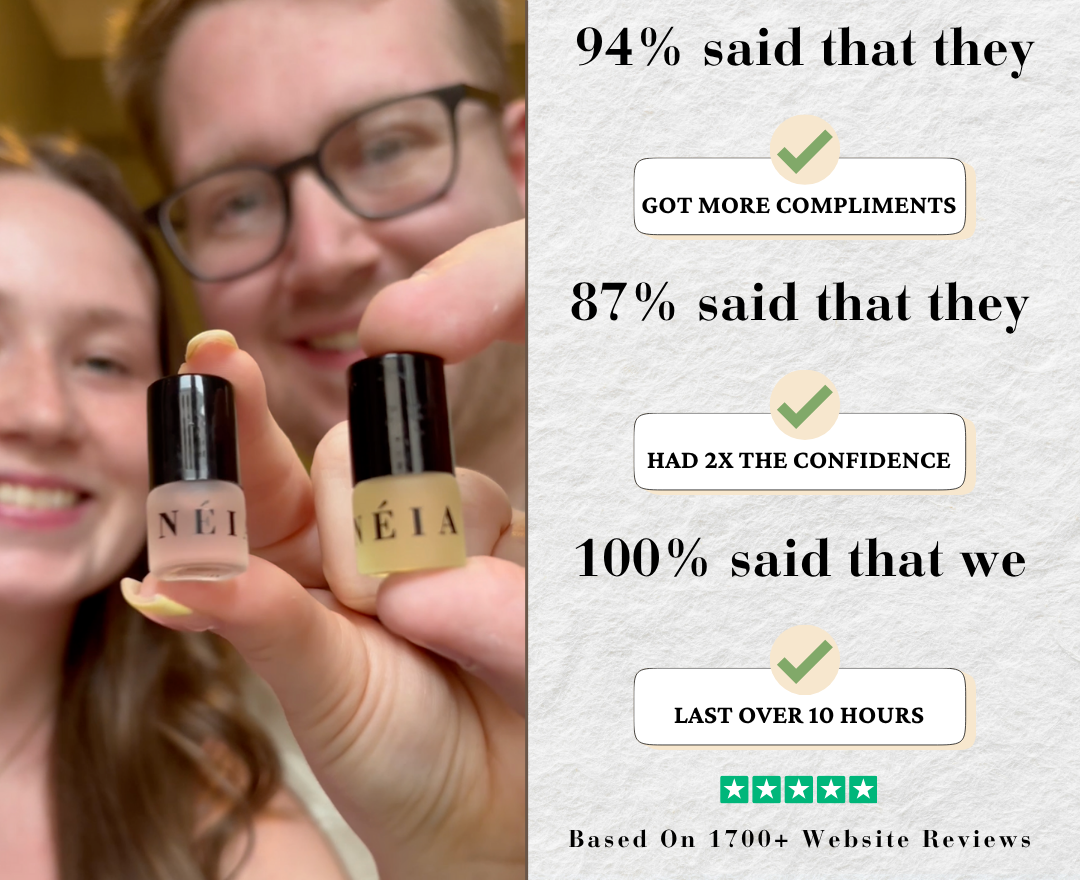 Two people holding NÉIA with a graphic of website review statistics on the right.