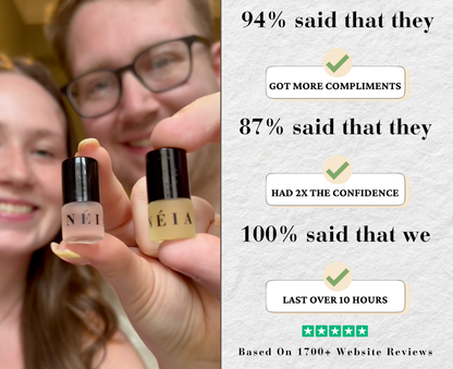 Two people holding NÉIA with a graphic of website review statistics on the right.