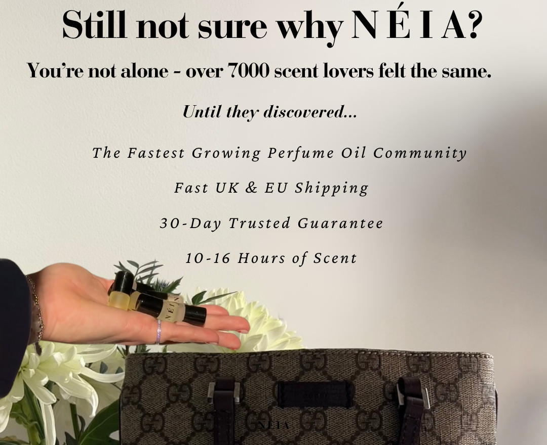 Advertisement for NÉIA perfume oil with text and a hand holding a bottle.