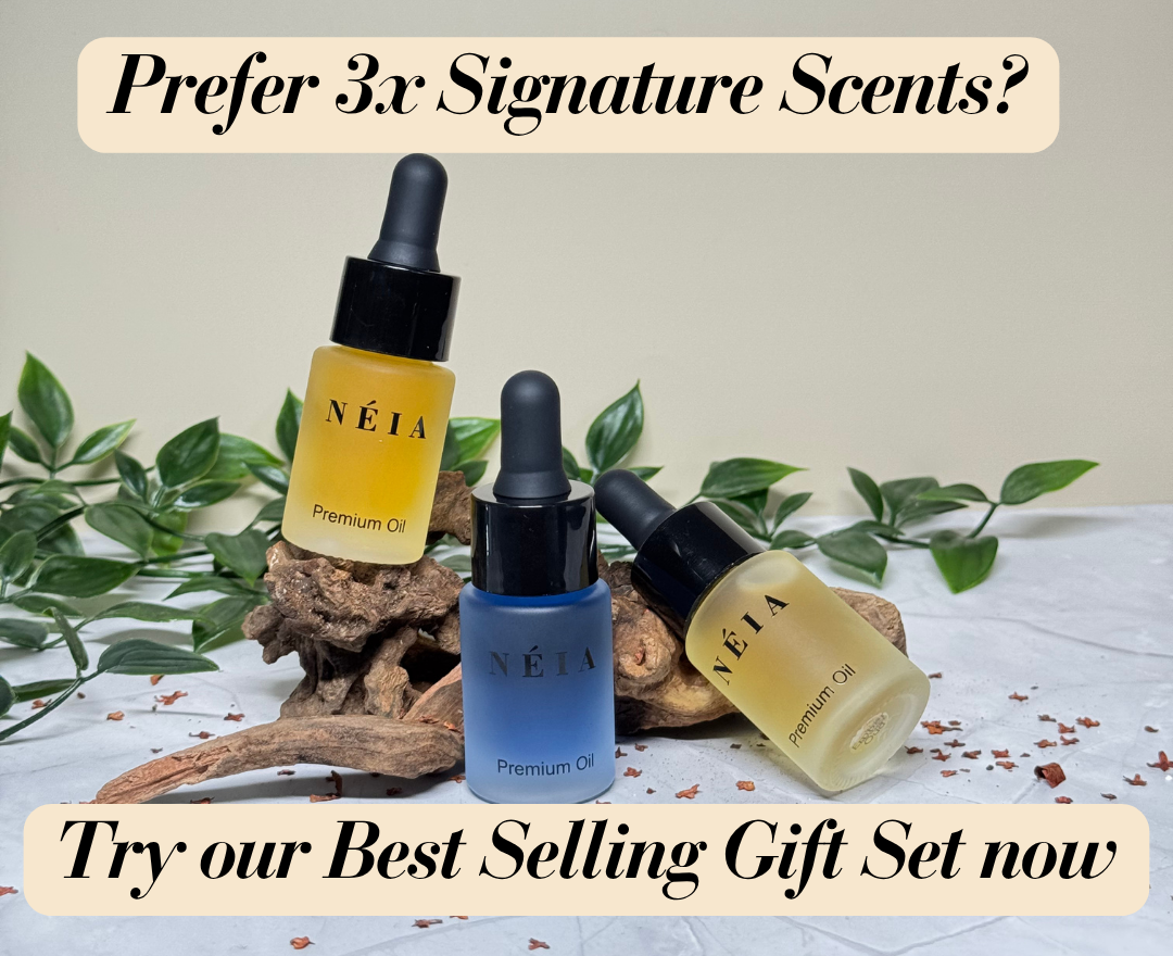 Three NEIA premium oil dropper bottles with a natural background and promotional text.