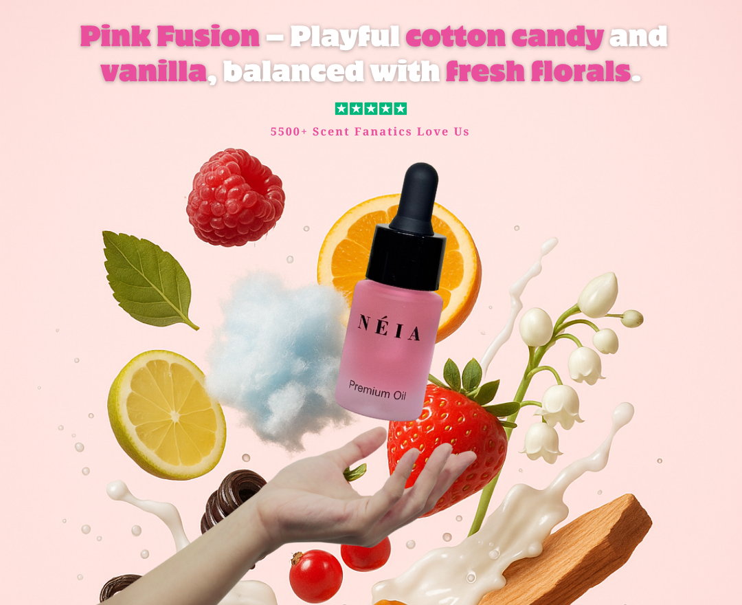 Néia premium oil bottle with pink fusion flavor description on a colorful background with fruits and flowers.