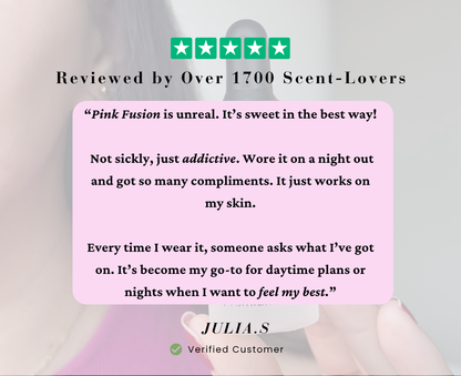 Positive customer review displayed beside NÉIA bottle, sharing real experience and product feedback about pink fusion

