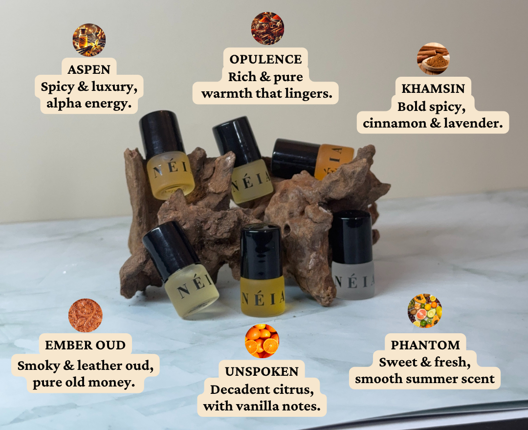 Set of small NÉIA bottles with labels on a textured surface