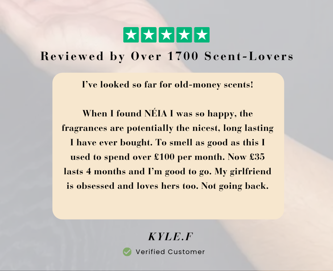 Product review card with a five-star rating and customer feedback on NÉIA fragrances.