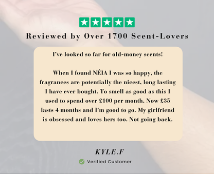 Product review card with a five-star rating and customer feedback on NÉIA fragrances.