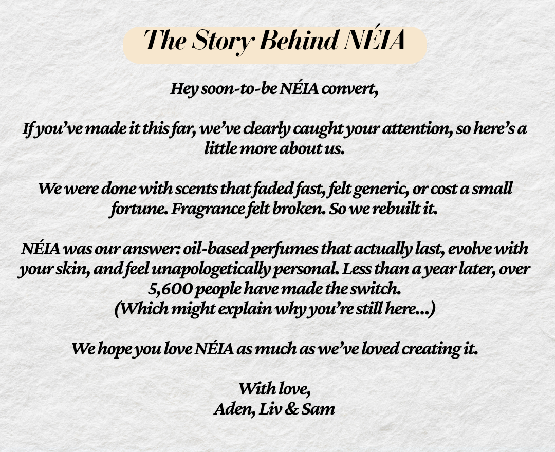 Text about NÉIA, a fragrance brand, on a light gray background.