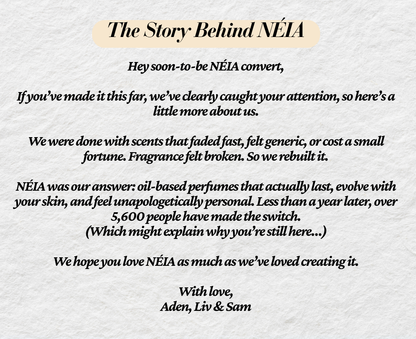 Text about NÉIA, a fragrance brand, on a light gray background.
