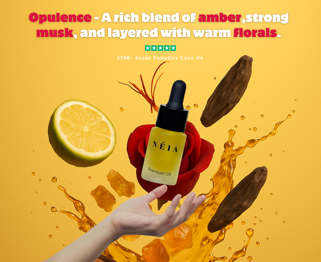 Néia premium oil bottle with floral and fruit elements on a yellow background