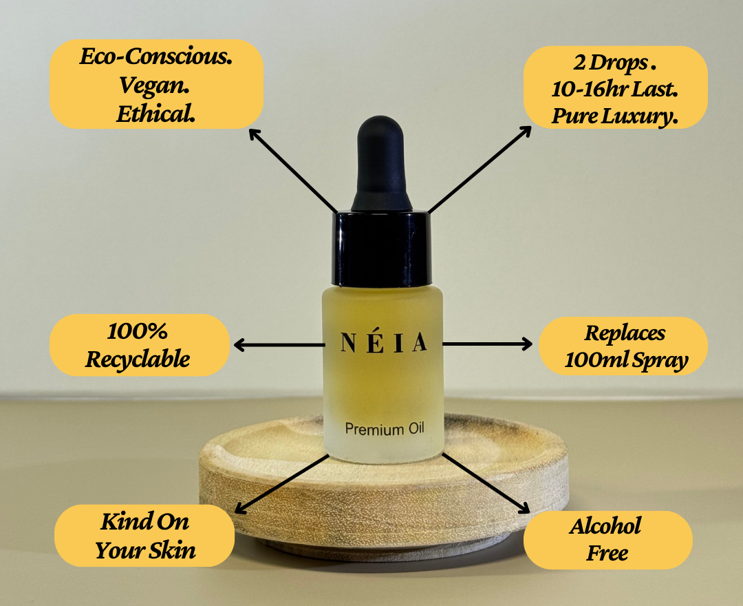 Náéa premium oil bottle with features highlighted on a neutral background