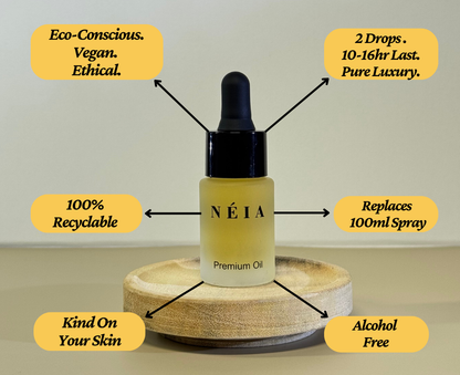 Náéa premium oil bottle with features highlighted on a neutral background