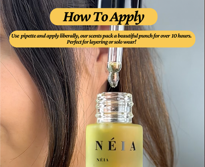 Yellow bottle with pipette labeled 'Néia' being applied to skin with text on how to apply.