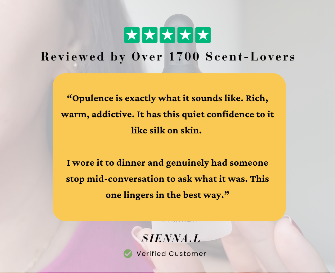 Product review card with text and rating on a blurred background