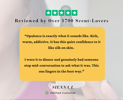 Product review card with text and rating on a blurred background