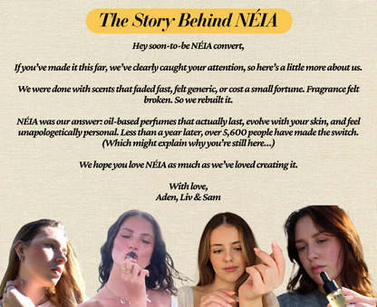 Text about Néia perfume with four women holding bottles on a beige background