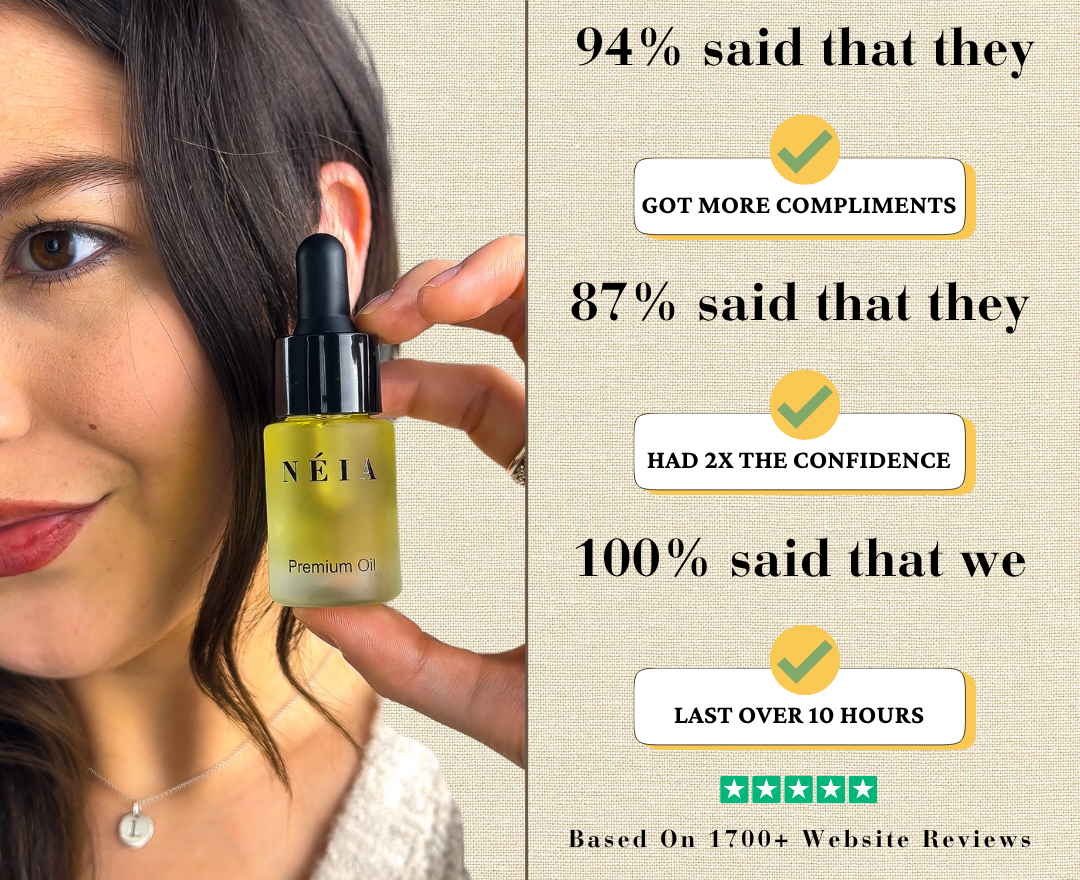 Woman holding a bottle of Néia Premium Oil with text on a beige background