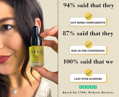 Woman holding a bottle of Néia Premium Oil with text on a beige background